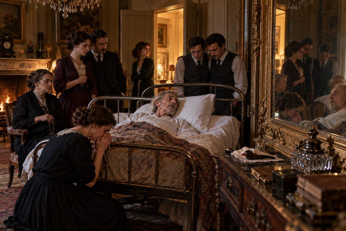 A family gathered around a dying man’s bed, reflected in a great gilded mirror