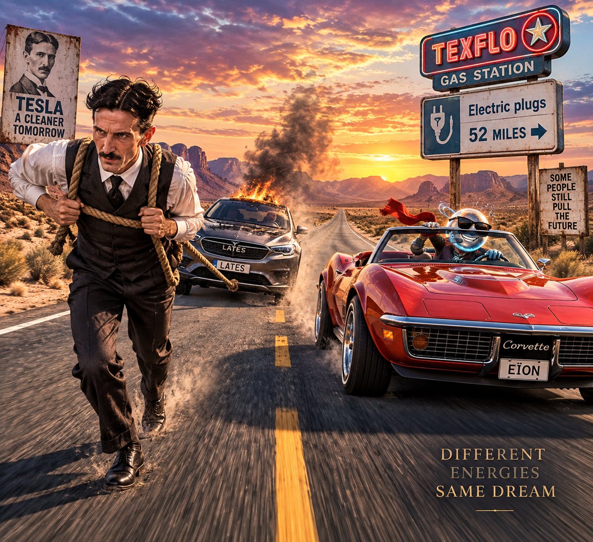 Tesla pulls the future by a rope while Eïon, the electron, speeds by in a red Corvette